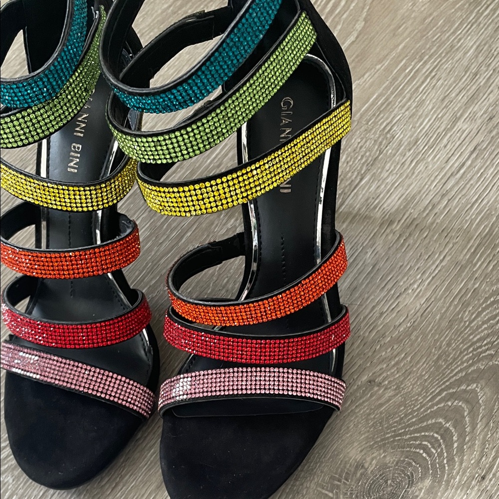 Gianni Bini Black Heels with Rainbow Straps - Picture 2 of 4